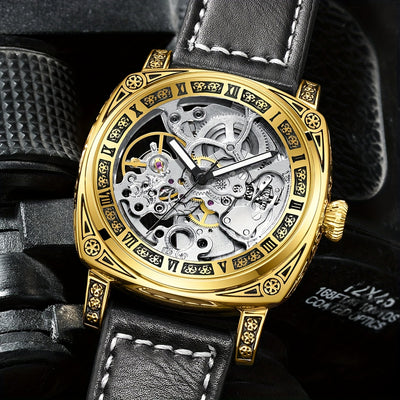 KUERST Mens Automatic Mechanical Watch - Intricately Carved Shell, Fashionable Hollow Design with Night-Glowing Hands - Premium Everyday Timepiece for Stylish Men