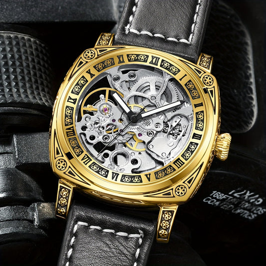 KUERST Mens Automatic Mechanical Watch - Intricately Carved Shell, Fashionable Hollow Design with Night-Glowing Hands - Premium Everyday Timepiece for Stylish Men