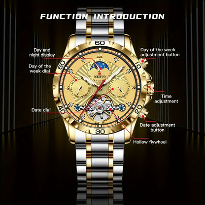 Men's Automatic Watch Stainless Steel Strap Three Dial Date Moon Phase Week Mechanical Watch, Ideal choice for Gifts