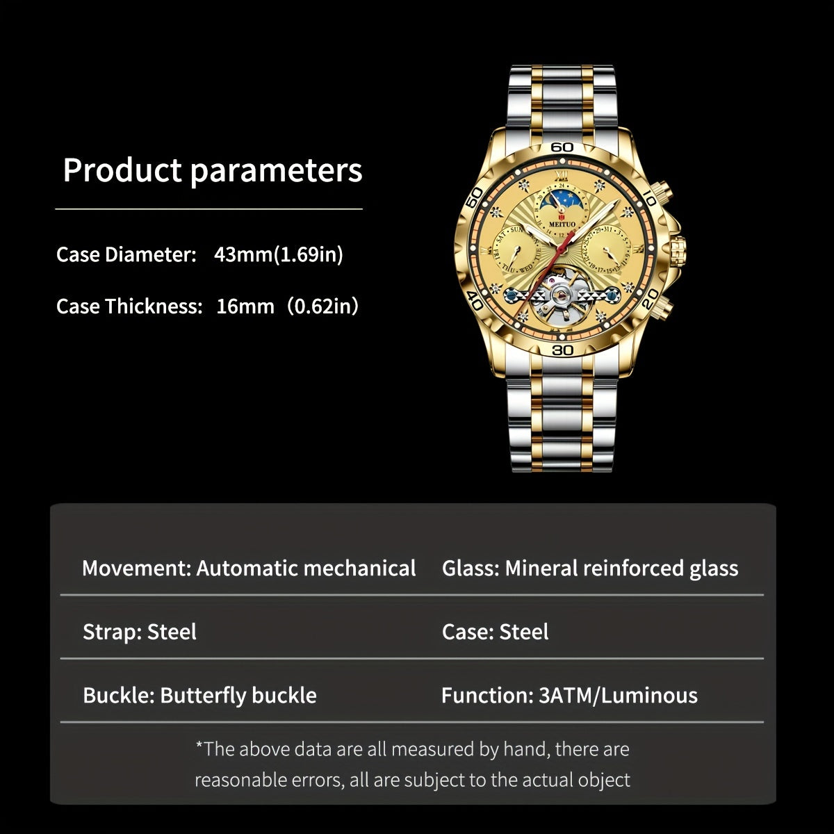 Men's Automatic Watch Stainless Steel Strap Three Dial Date Moon Phase Week Mechanical Watch, Ideal choice for Gifts