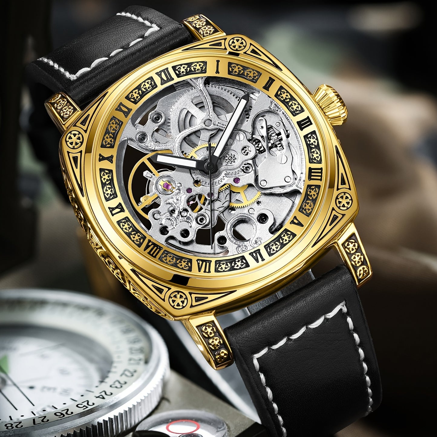 KUERST Mens Automatic Mechanical Watch - Intricately Carved Shell, Fashionable Hollow Design with Night-Glowing Hands - Premium Everyday Timepiece for Stylish Men