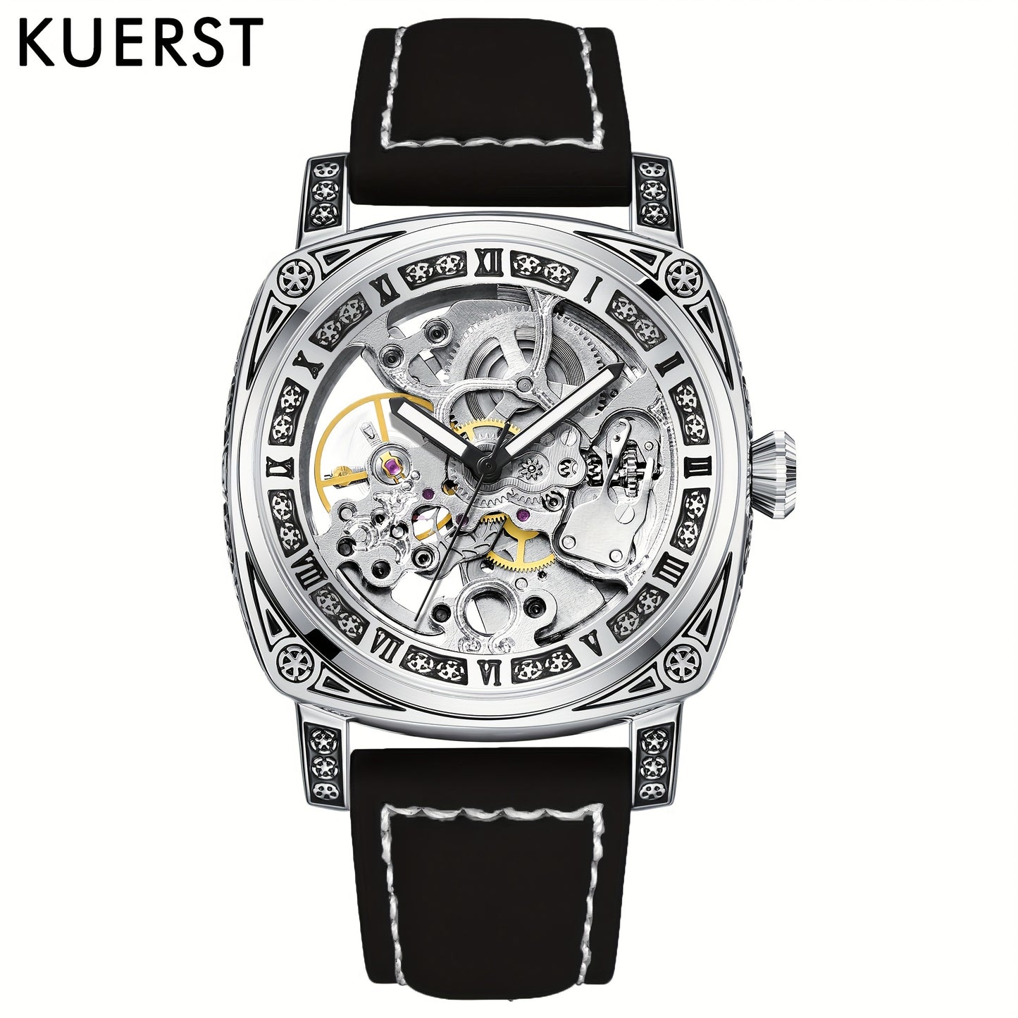 KUERST Mens Automatic Mechanical Watch - Intricately Carved Shell, Fashionable Hollow Design with Night-Glowing Hands - Premium Everyday Timepiece for Stylish Men