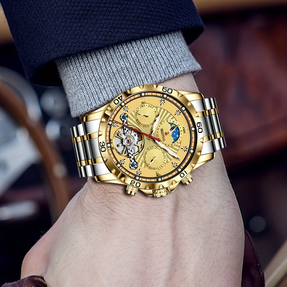 Men's Automatic Watch Stainless Steel Strap Three Dial Date Moon Phase Week Mechanical Watch, Ideal choice for Gifts