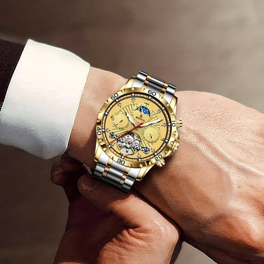 Men's Automatic Watch Stainless Steel Strap Three Dial Date Moon Phase Week Mechanical Watch, Ideal choice for Gifts