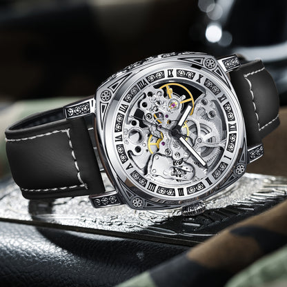 KUERST Mens Automatic Mechanical Watch - Intricately Carved Shell, Fashionable Hollow Design with Night-Glowing Hands - Premium Everyday Timepiece for Stylish Men