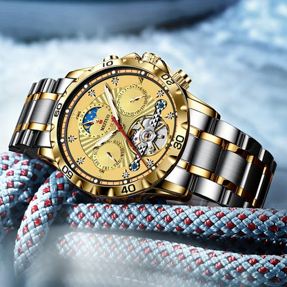 Men's Automatic Watch Stainless Steel Strap Three Dial Date Moon Phase Week Mechanical Watch, Ideal choice for Gifts