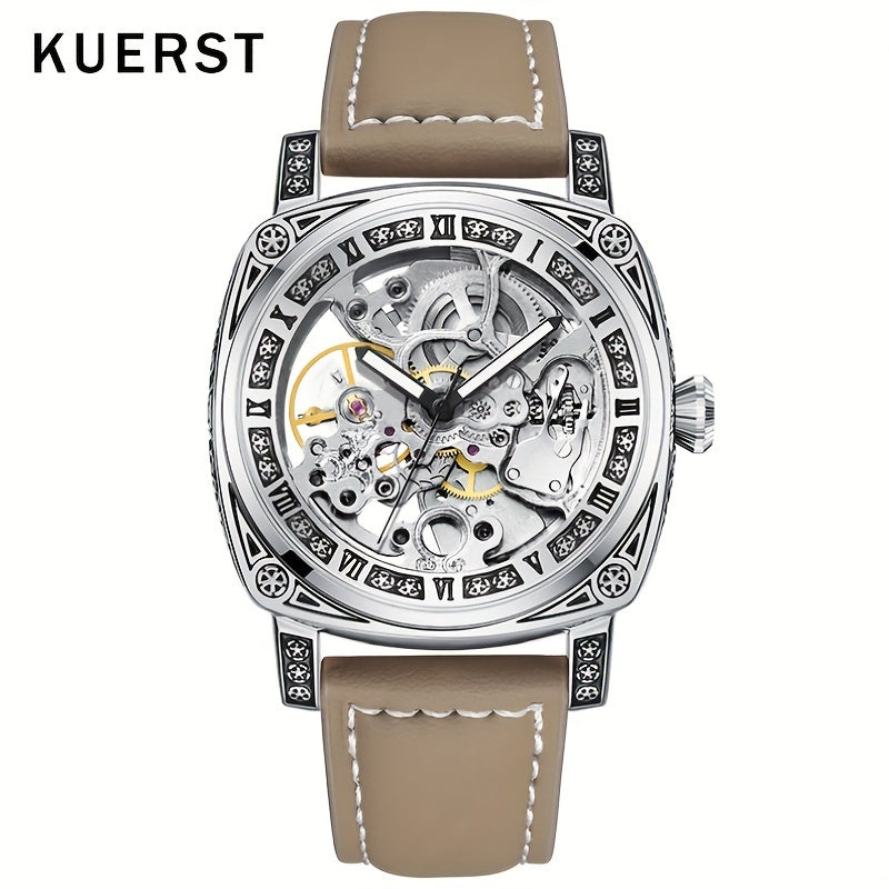 KUERST Mens Automatic Mechanical Watch - Intricately Carved Shell, Fashionable Hollow Design with Night-Glowing Hands - Premium Everyday Timepiece for Stylish Men