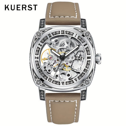 KUERST Mens Automatic Mechanical Watch - Intricately Carved Shell, Fashionable Hollow Design with Night-Glowing Hands - Premium Everyday Timepiece for Stylish Men