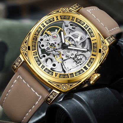 KUERST Mens Automatic Mechanical Watch - Intricately Carved Shell, Fashionable Hollow Design with Night-Glowing Hands - Premium Everyday Timepiece for Stylish Men