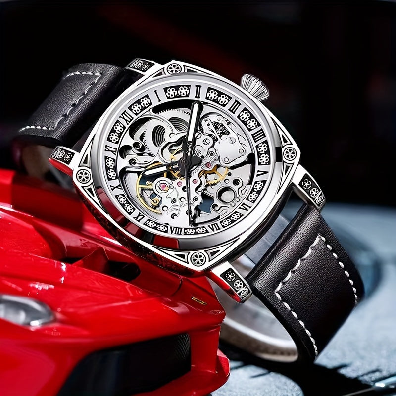 KUERST Mens Automatic Mechanical Watch - Intricately Carved Shell, Fashionable Hollow Design with Night-Glowing Hands - Premium Everyday Timepiece for Stylish Men